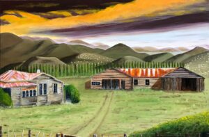 Image contains a landscape of NZ hills, sheep, old wooden house and farms sheds. 